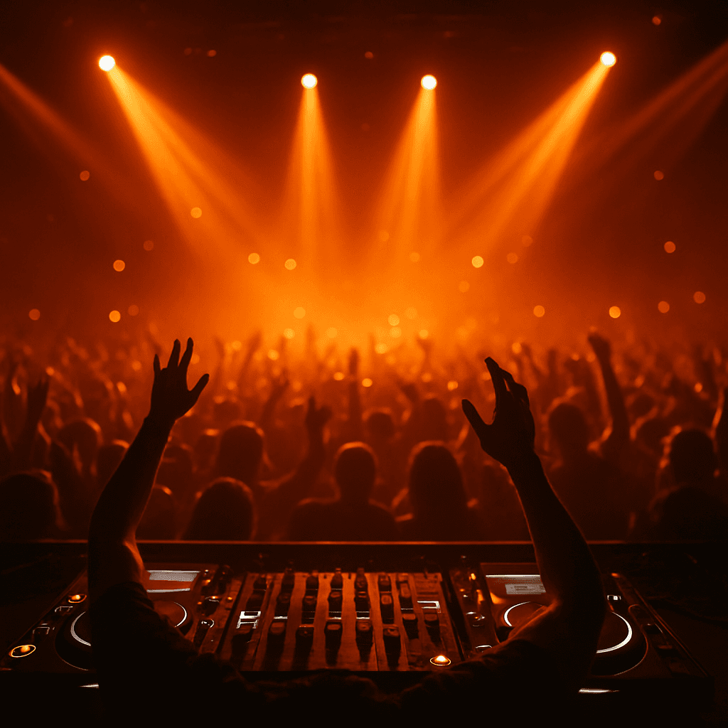A packed nightlife event with a glowing crowd